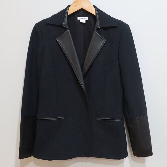 HELMUT LANG women wool blazer lamb leather black professional office formal 2 - Picture 1 of 12